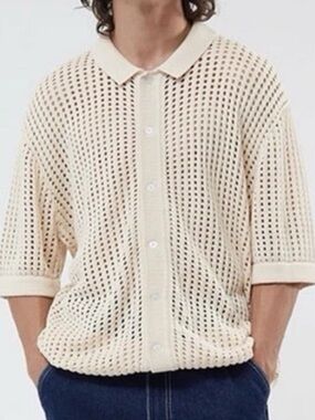 PacSun Cream Open-Knit Button-Up Polo Cardigan